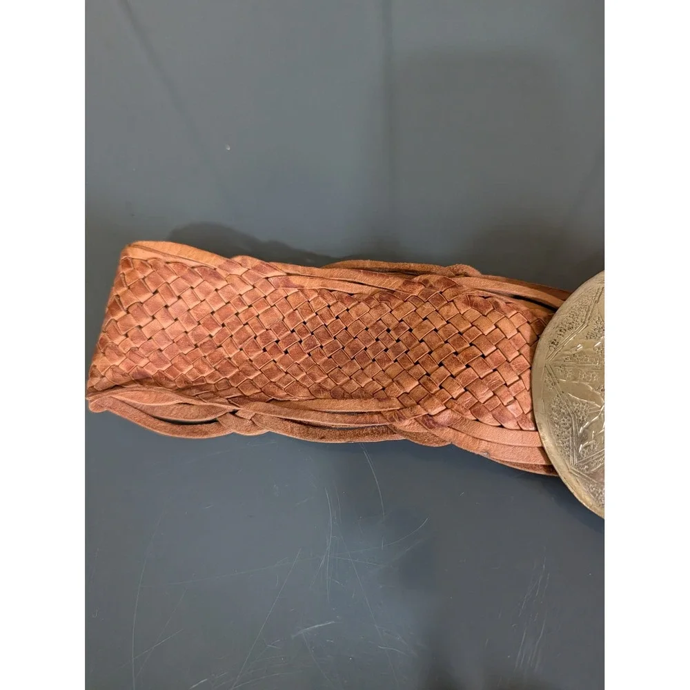 Vintage Western Braided Leather Belt Tan Wide Woven Silver Medallion Concho